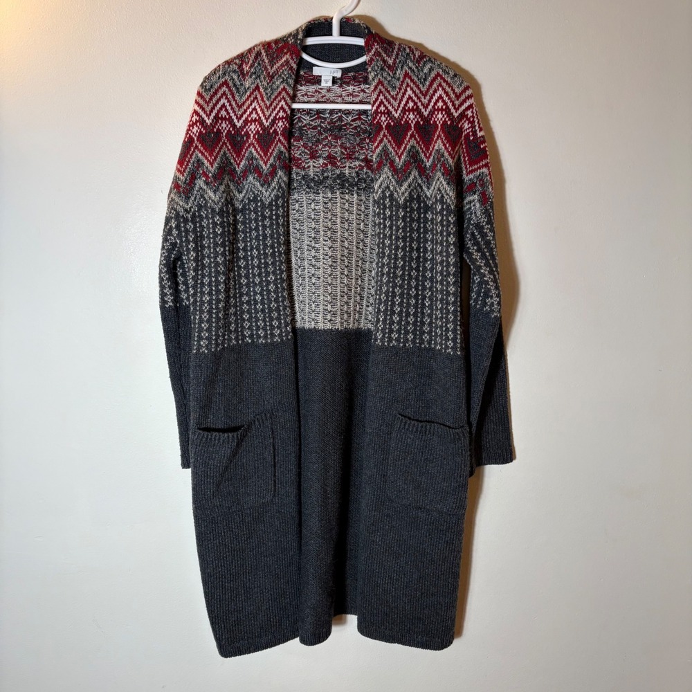 J. Jill Fair Isle‎ Long Cardigan Sweater Gray Red Size XS